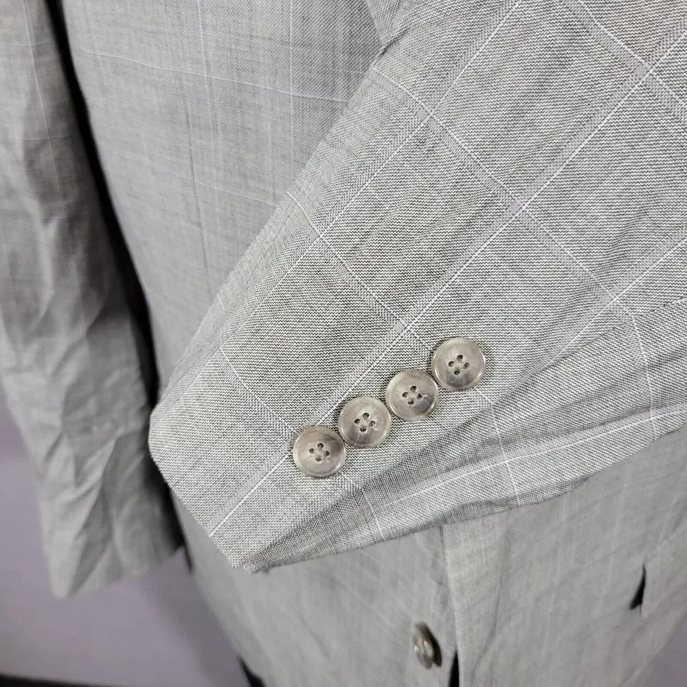 Tasso Elba Men's Sport Coat Blazer‎ Two Button Gray Plaid Shark Skin Wool 44R